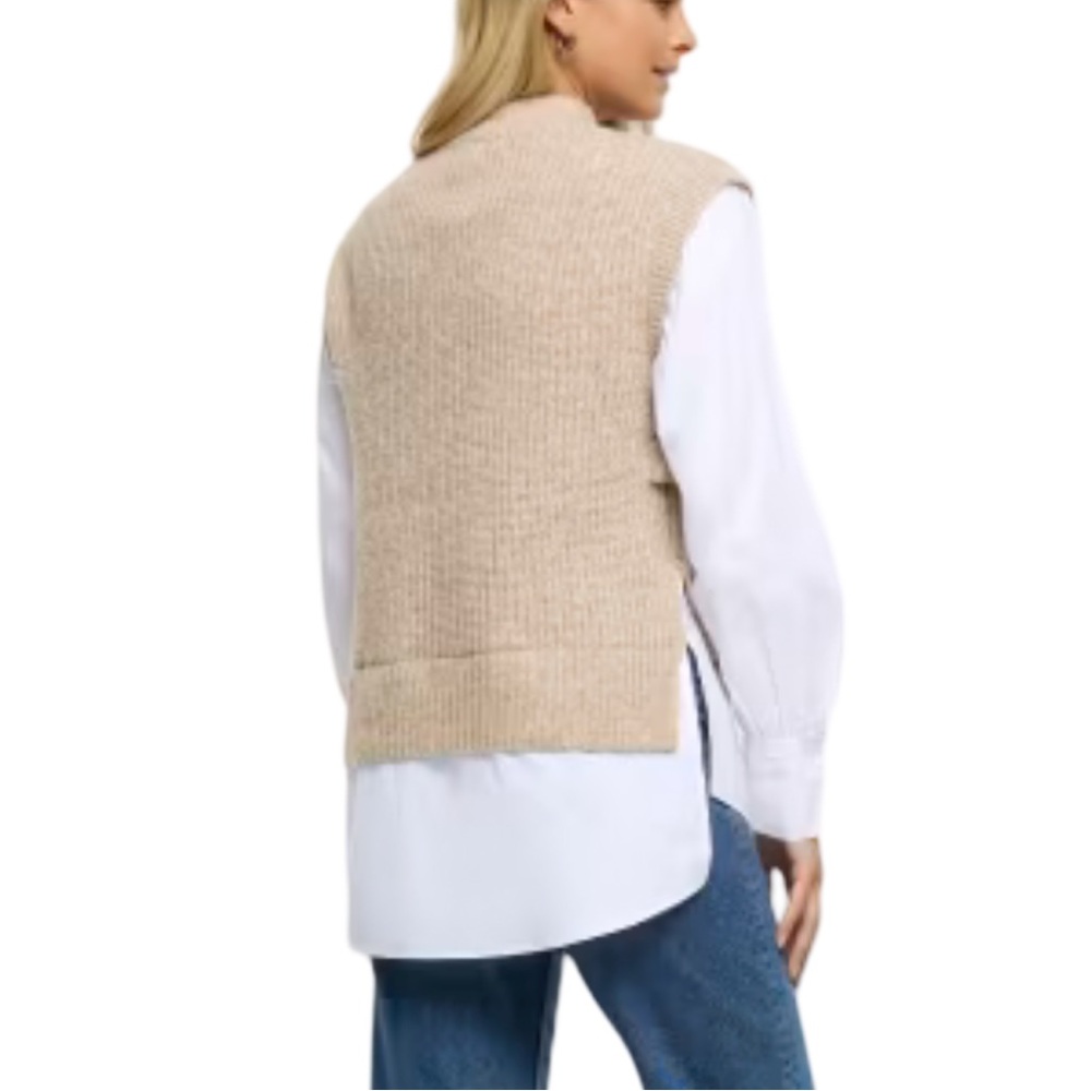 River Island beige knitted hybrid jumper Sweater Vest Oversized Coastal Preppy - Picture 4 of 12